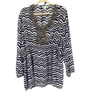 ATTITUDES by Renee Blue & White Stretch Waist Long Sleeve Bathing Suit‎ cover